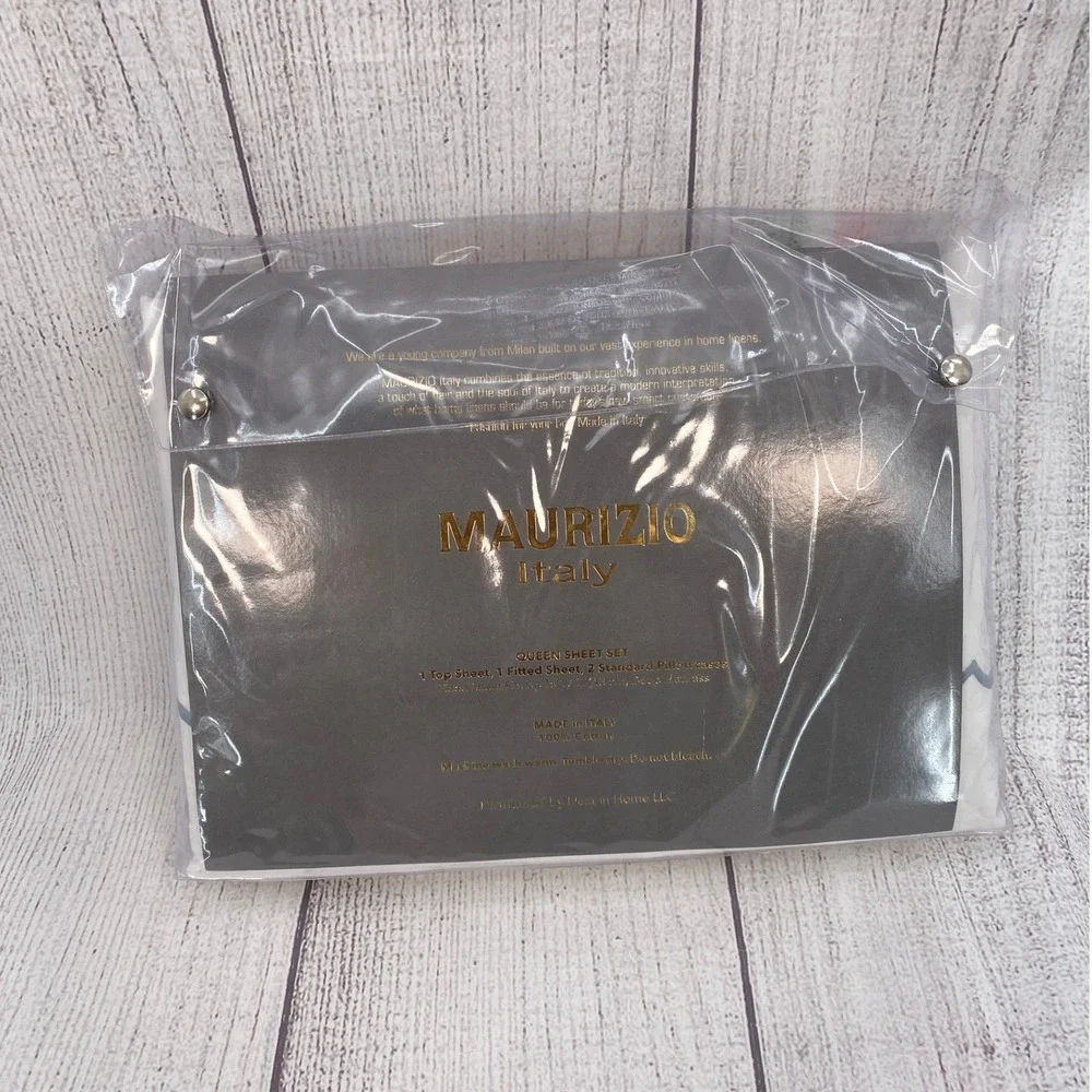Maurizio Italy Queen Sheet Set White 100% Cotton Blue Scalloped Italian Linens